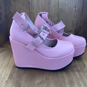 Demonia Pink 5" Wedge Heel Platform Heart Buckle Strap Bootie Sandals Goth 8